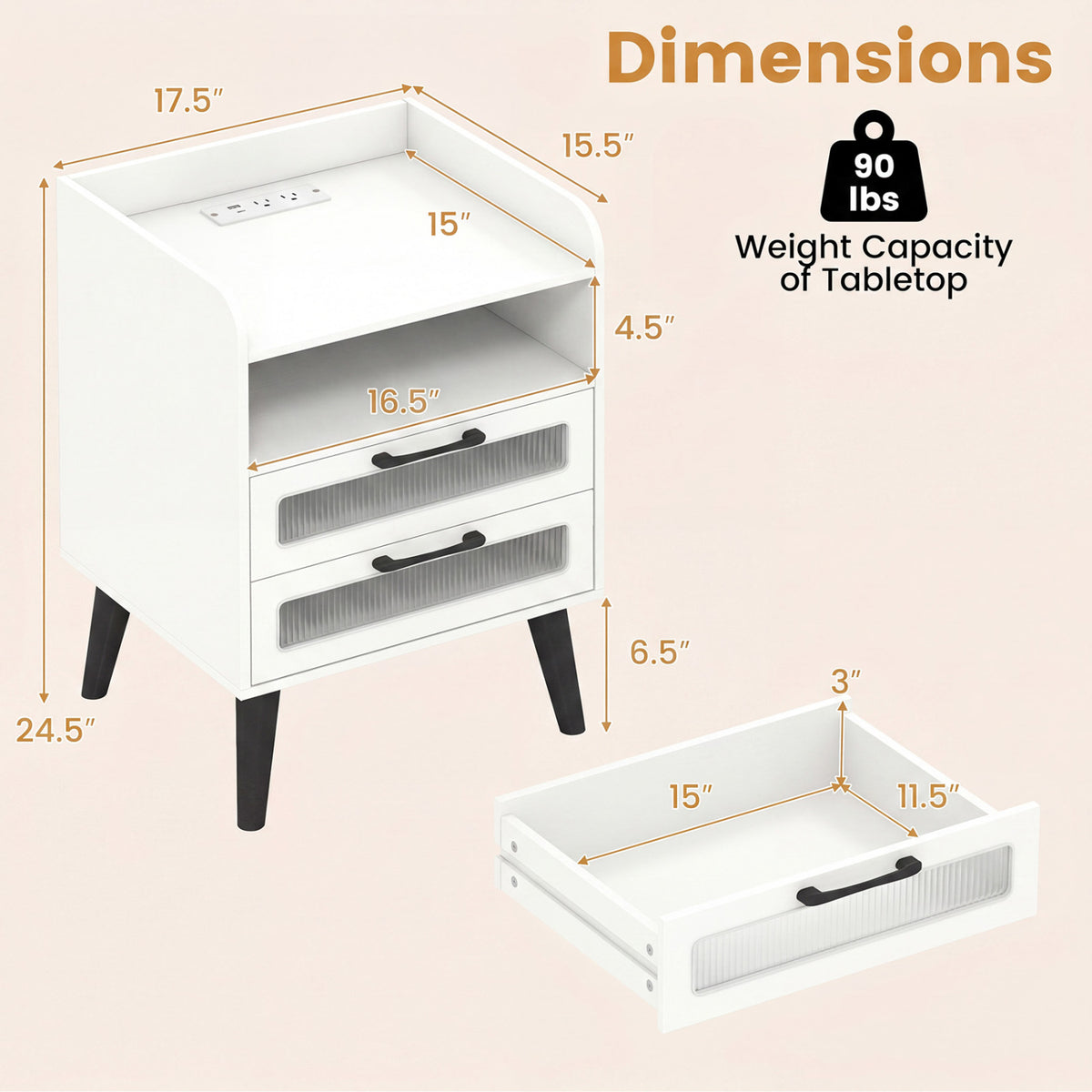 Mid Century Modern Nightstand with Charging Station, White