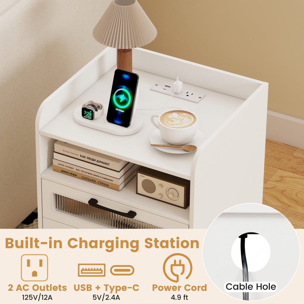 Mid Century Modern Nightstand with Charging Station - White