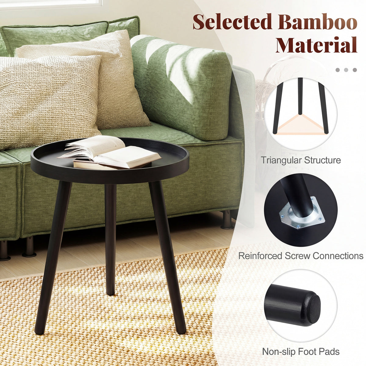 Mid Century Modern Round Coffee Table with Bamboo Feet - Black