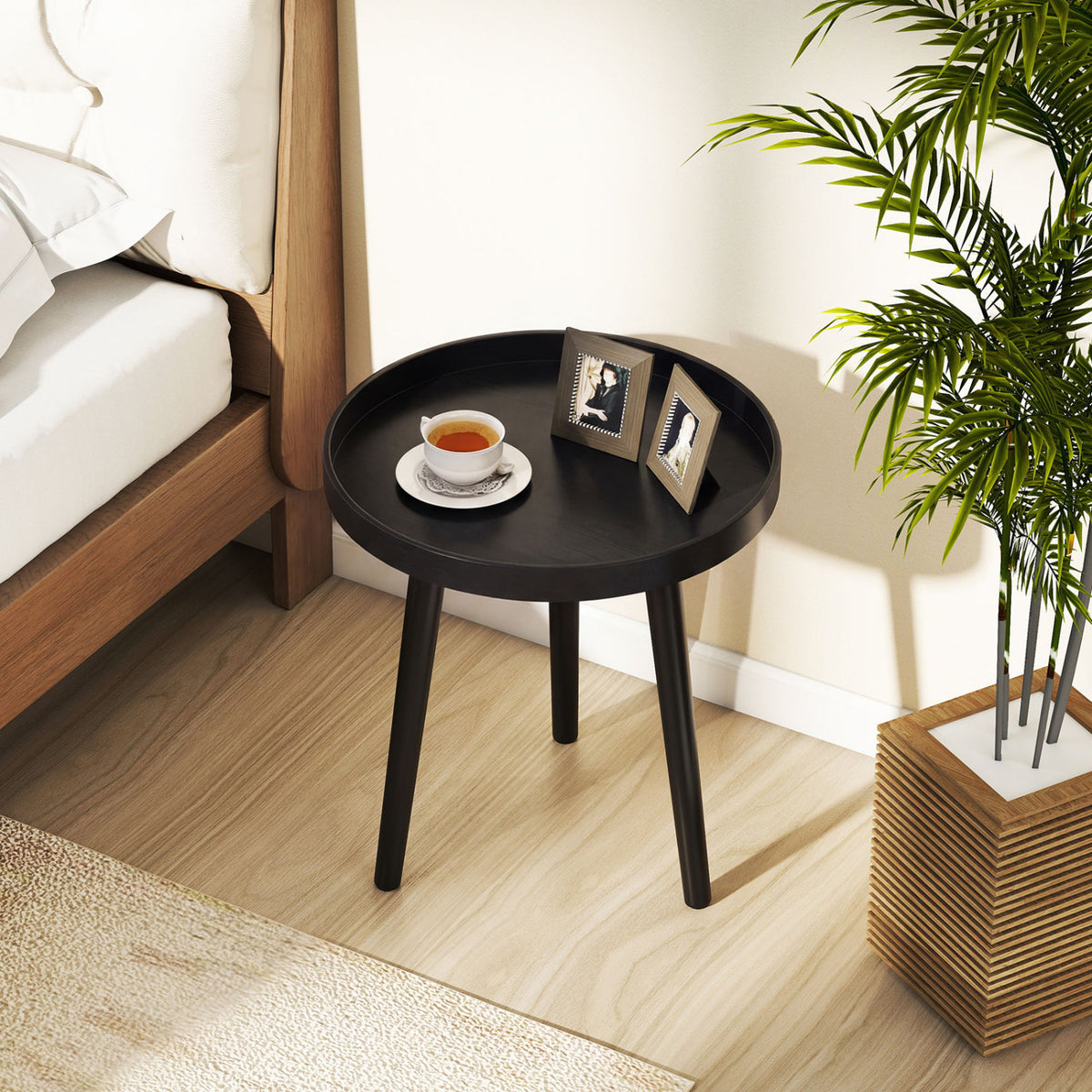 Mid Century Modern Round Coffee Table with Bamboo Feet - Black