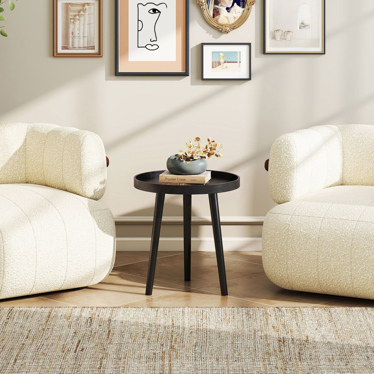 Mid Century Modern Round Coffee Table with Bamboo Feet - Black