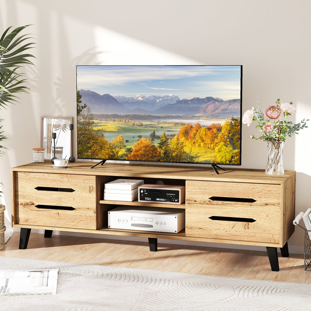 Mid Century Modern TV Stand with Sliding Doors - Natural, fits 65 Inch TVs
