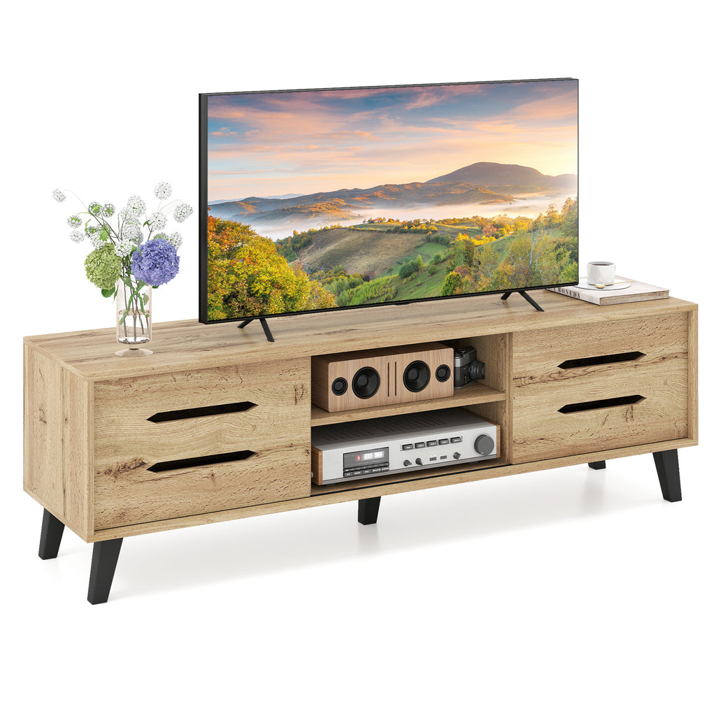 Mid Century Modern TV Stand with Sliding Doors - Natural, fits 65 Inch TVs