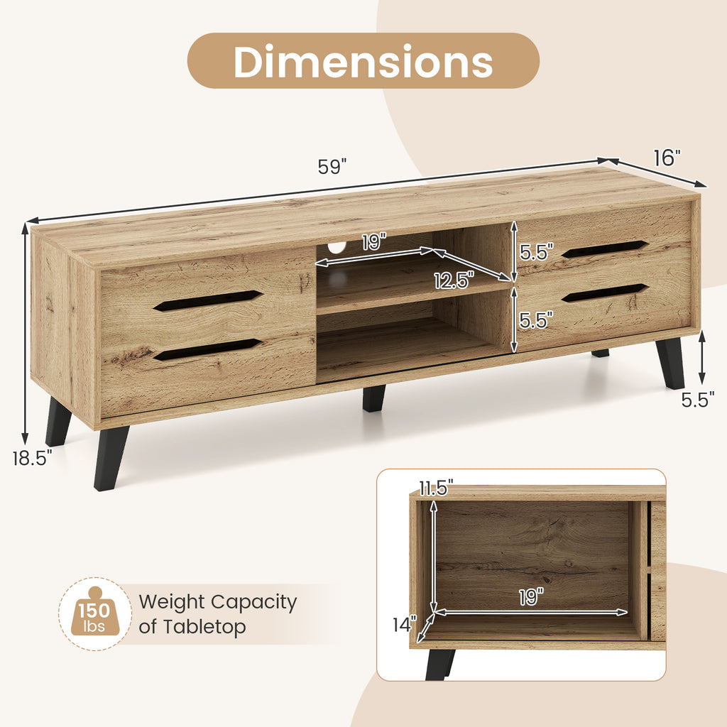 Mid Century Modern TV Stand with Sliding Doors - Natural, fits 65 Inch TVs