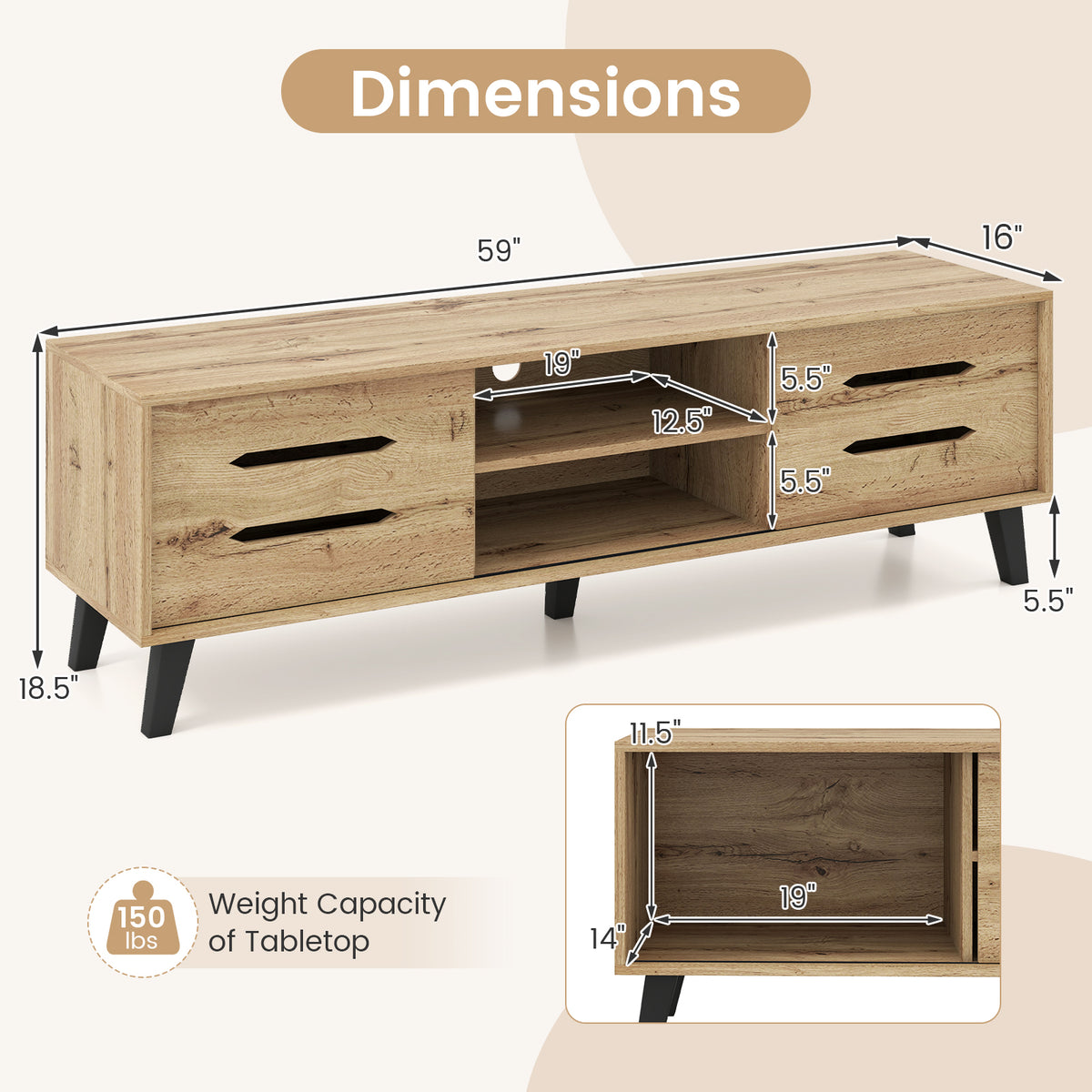 Mid Century Modern TV Stand with Sliding Doors - Natural, fits 65 Inch TVs