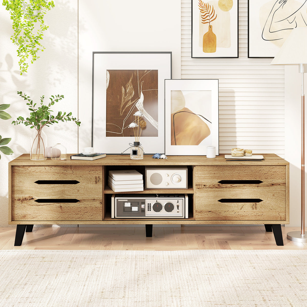 Mid Century Modern TV Stand with Sliding Doors - Natural, fits 65 Inch TVs