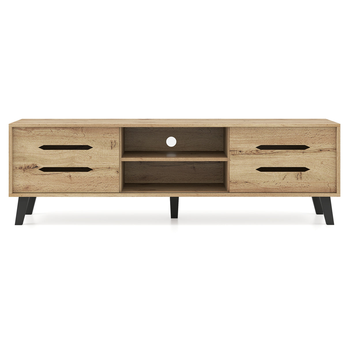 Mid Century Modern TV Stand with Sliding Doors - Natural, fits 65 Inch TVs