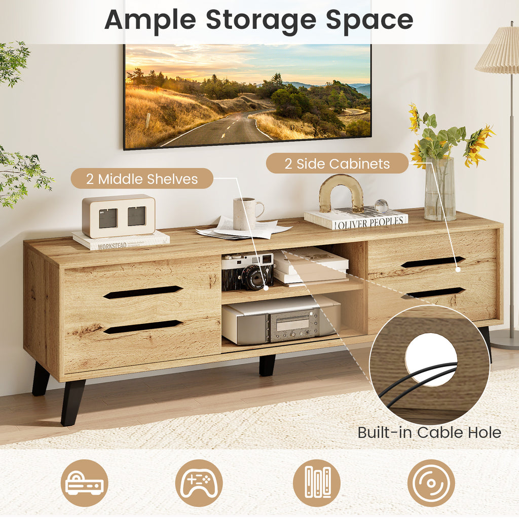 Mid Century Modern TV Stand with Sliding Doors - Natural, fits 65 Inch TVs