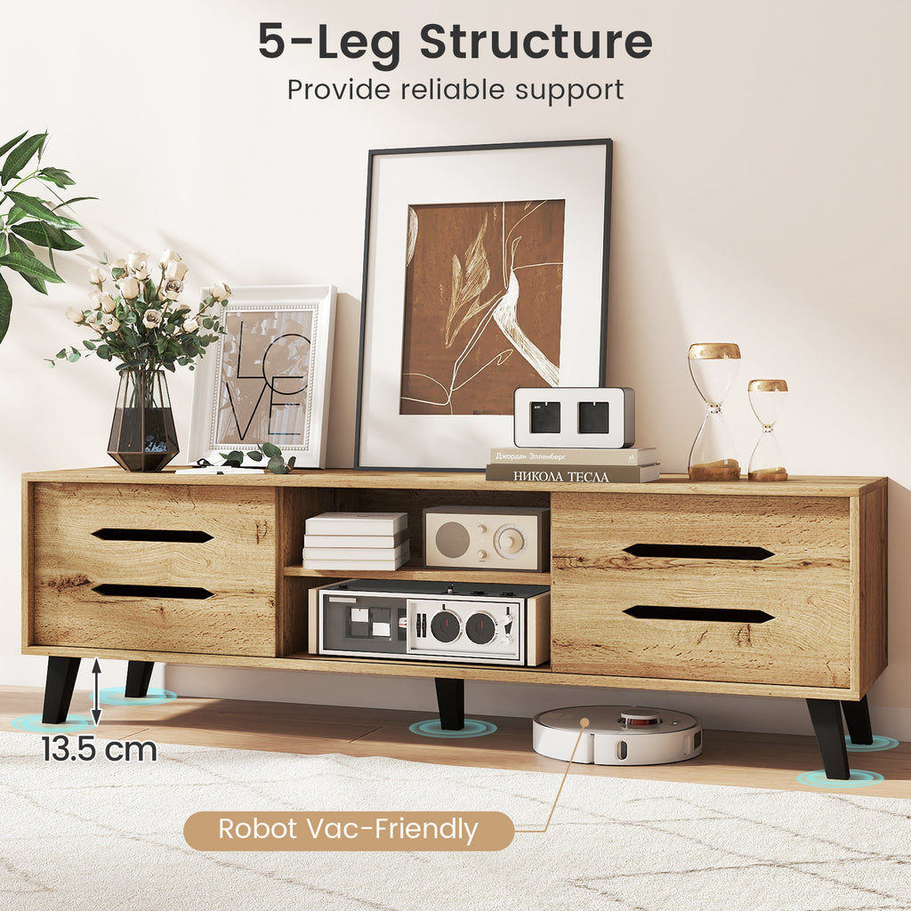 Mid Century Modern TV Stand with Sliding Doors - Natural, fits 65 Inch TVs