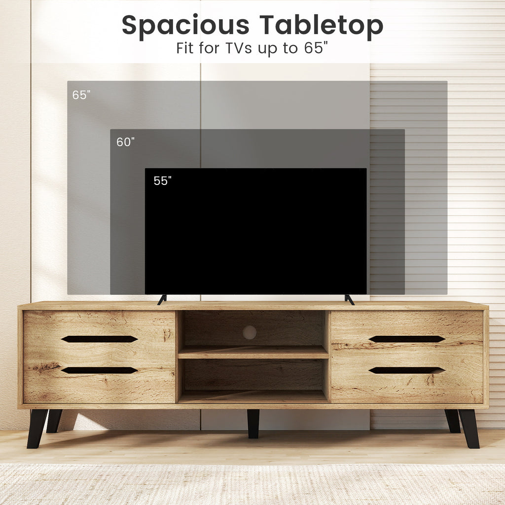 Mid Century Modern TV Stand with Sliding Doors - Natural, fits 65 Inch TVs