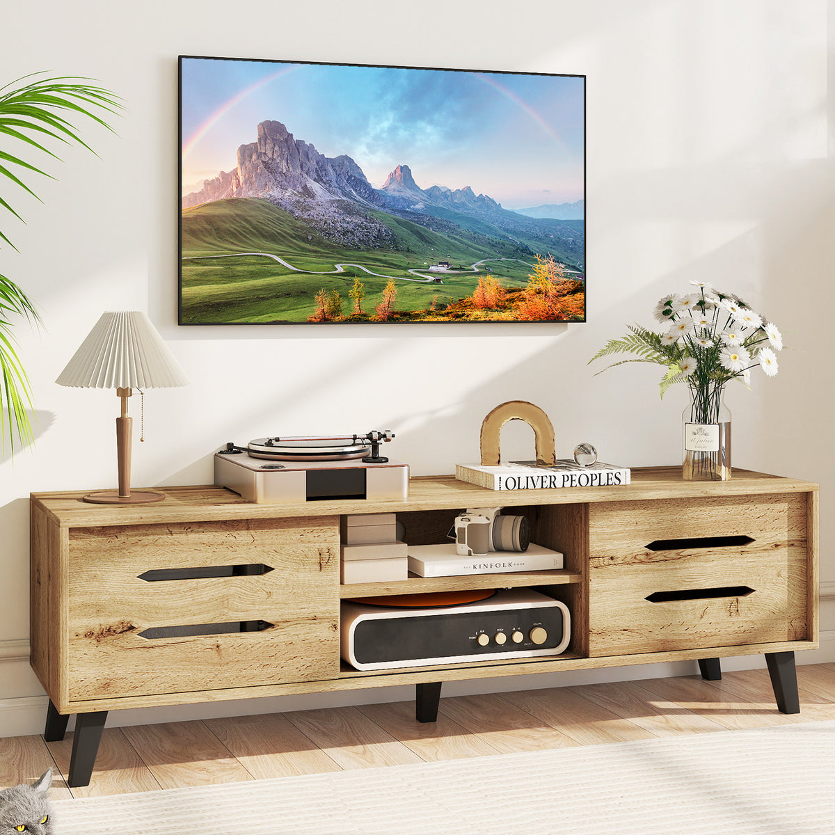 Mid Century Modern TV Stand with Sliding Doors - Natural, fits 65 Inch TVs