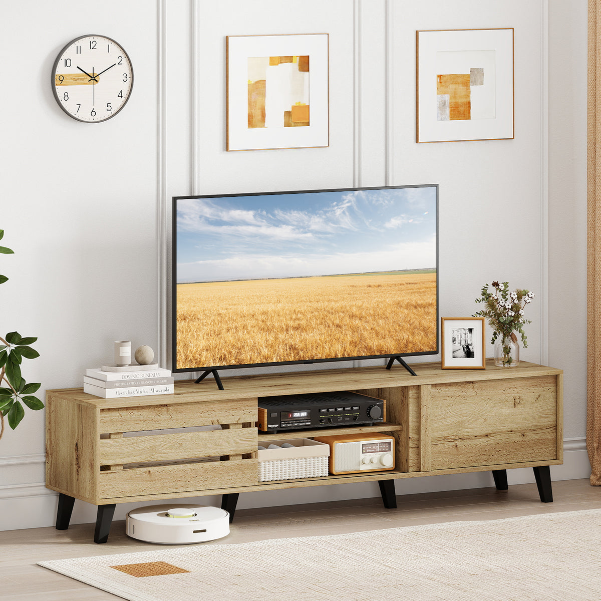 80 Inch TV Stand with Sliding Doors and Storage - Oak