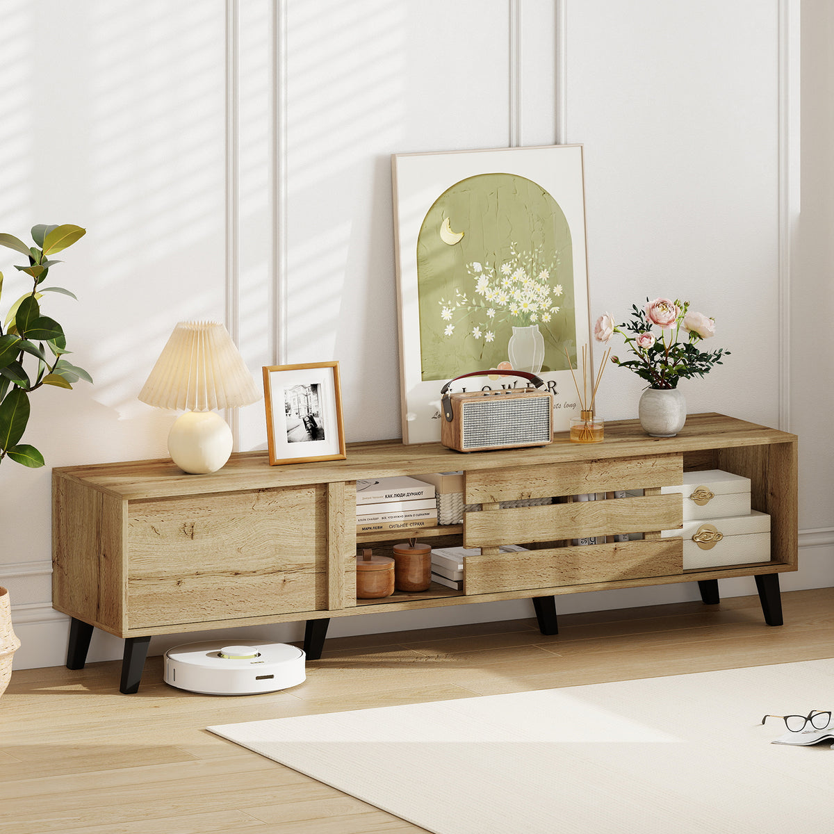 80 Inch TV Stand with Sliding Doors and Storage - Oak