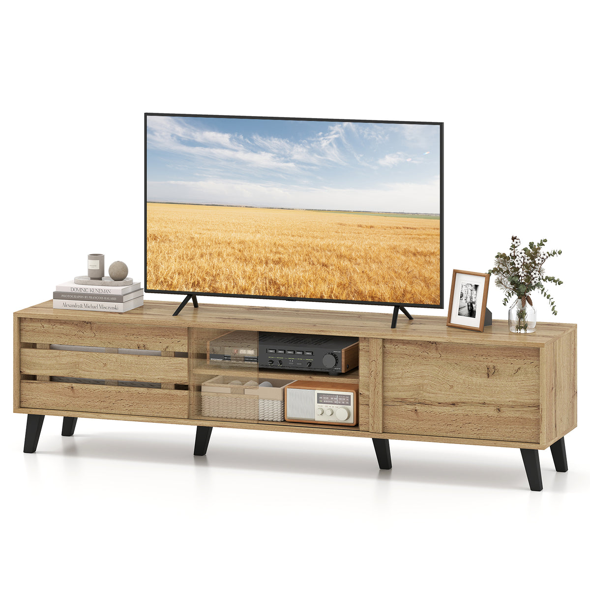 80 Inch TV Stand with Sliding Doors and Storage - Oak