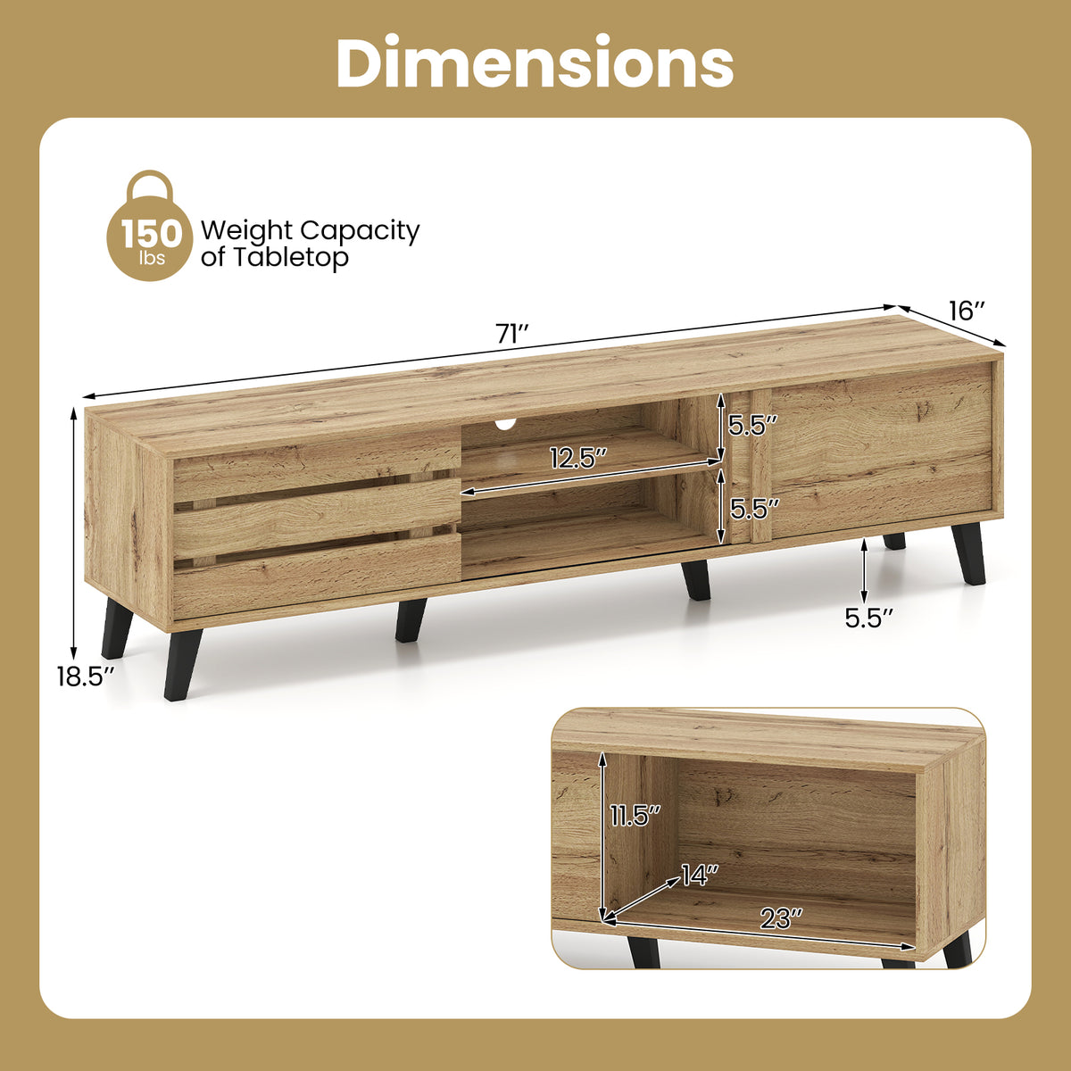 80 Inch TV Stand with Sliding Doors and Storage - Oak