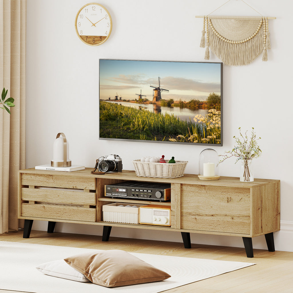 80 Inch TV Stand with Sliding Doors and Storage - Oak