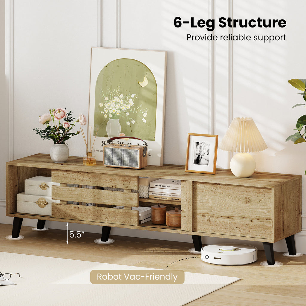 80 Inch TV Stand with Sliding Doors and Storage - Oak