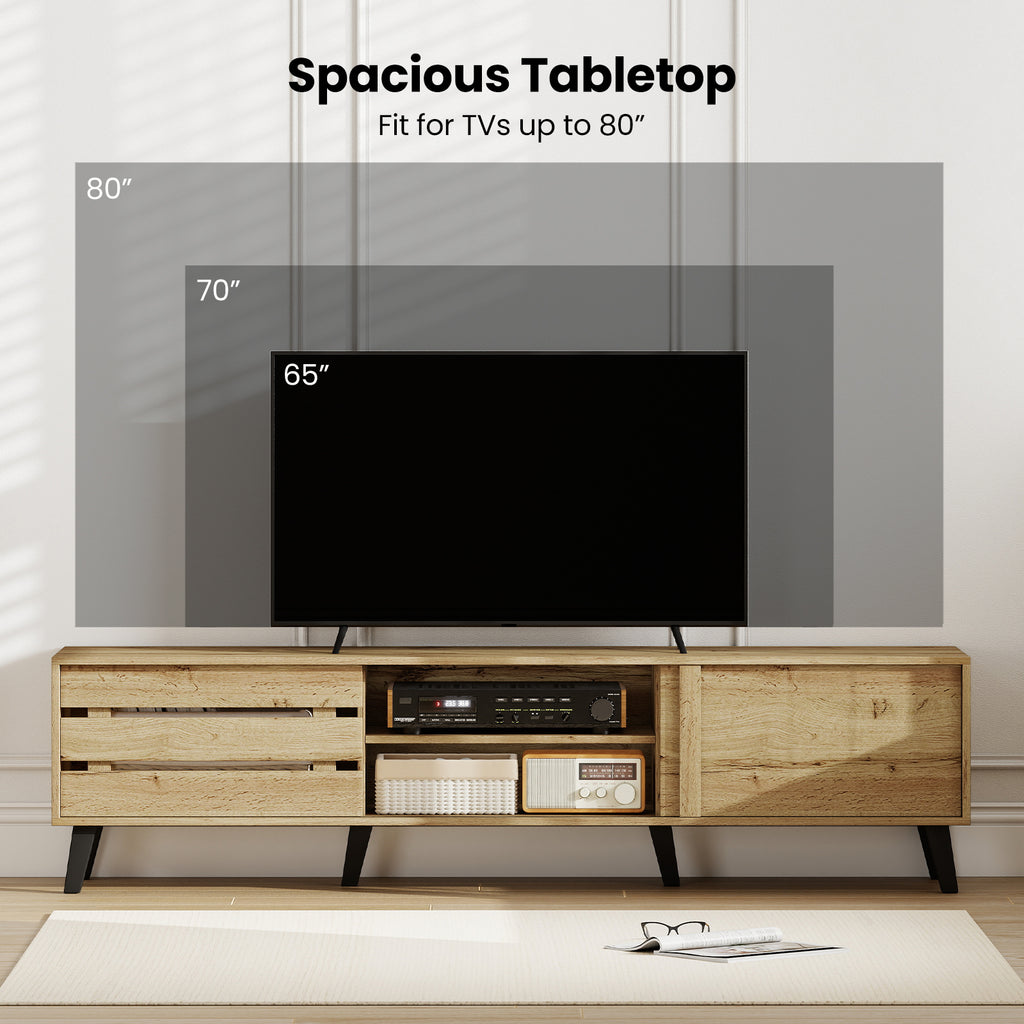 80 Inch TV Stand with Sliding Doors and Storage - Oak