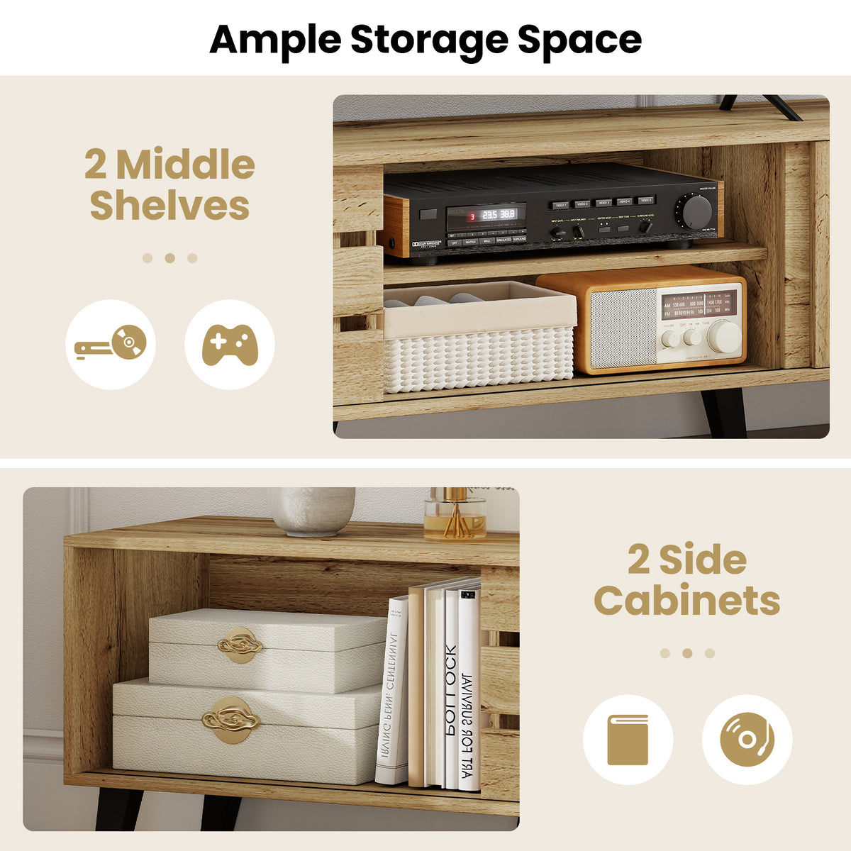 80 Inch TV Stand with Sliding Doors and Storage - Oak