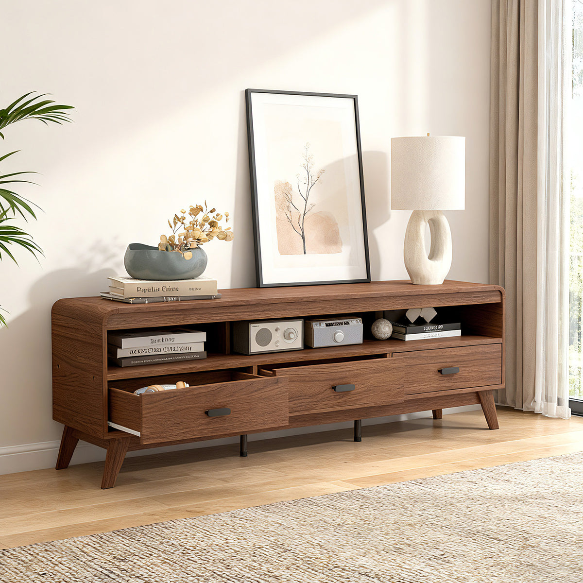 Mid Century Modern TV Stand for 70" TVs with Drawers - Walnut
