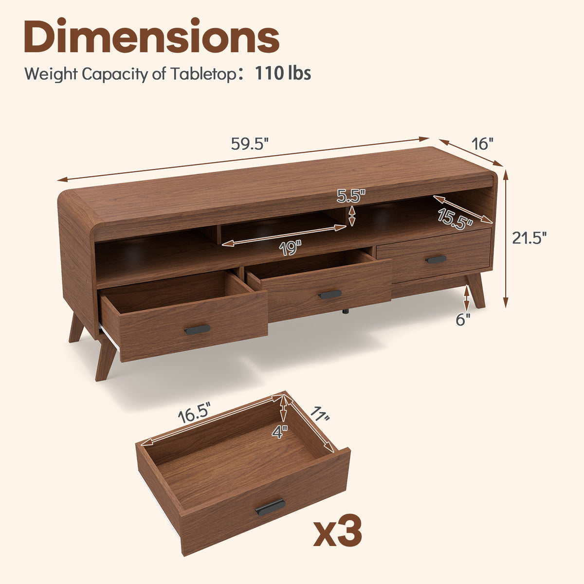 Mid Century Modern TV Stand for 70" TVs with Drawers - Walnut