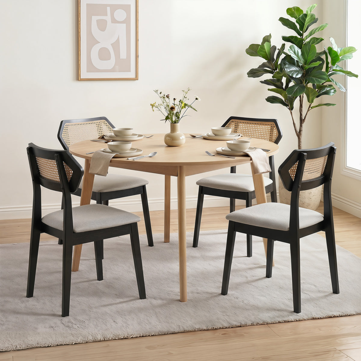 Mid Century Rattan Dining Chairs Set of 2, Black
