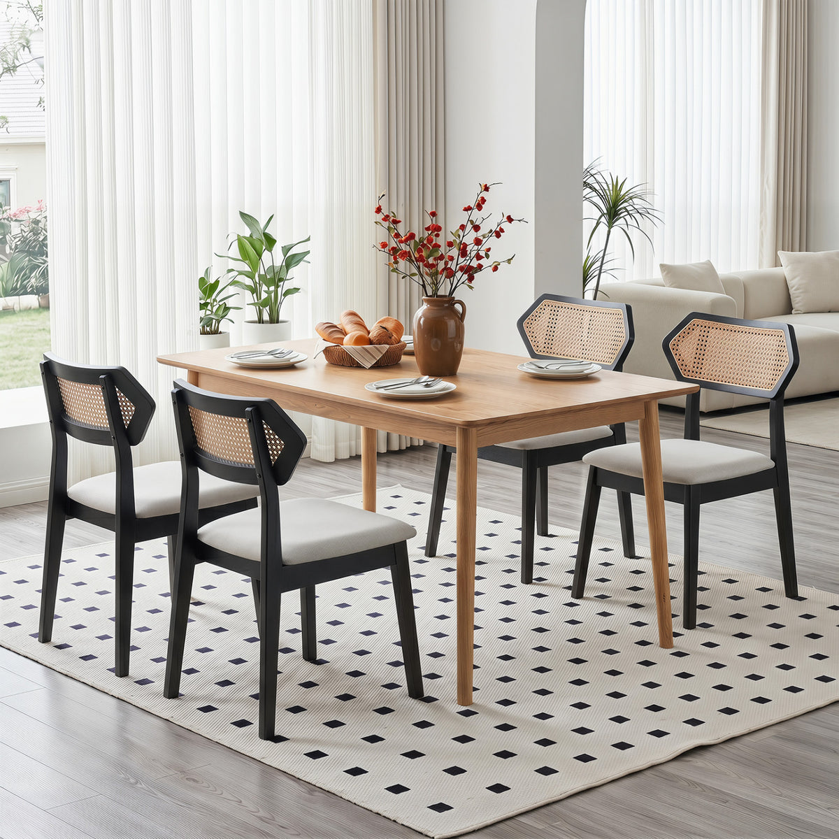 Mid Century Rattan Dining Chairs Set of 2, Black