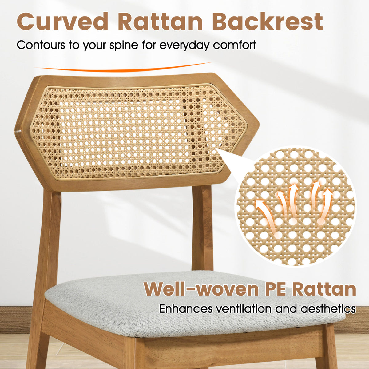 Mid Century Rattan Dining Chairs Set of 4 - Natural