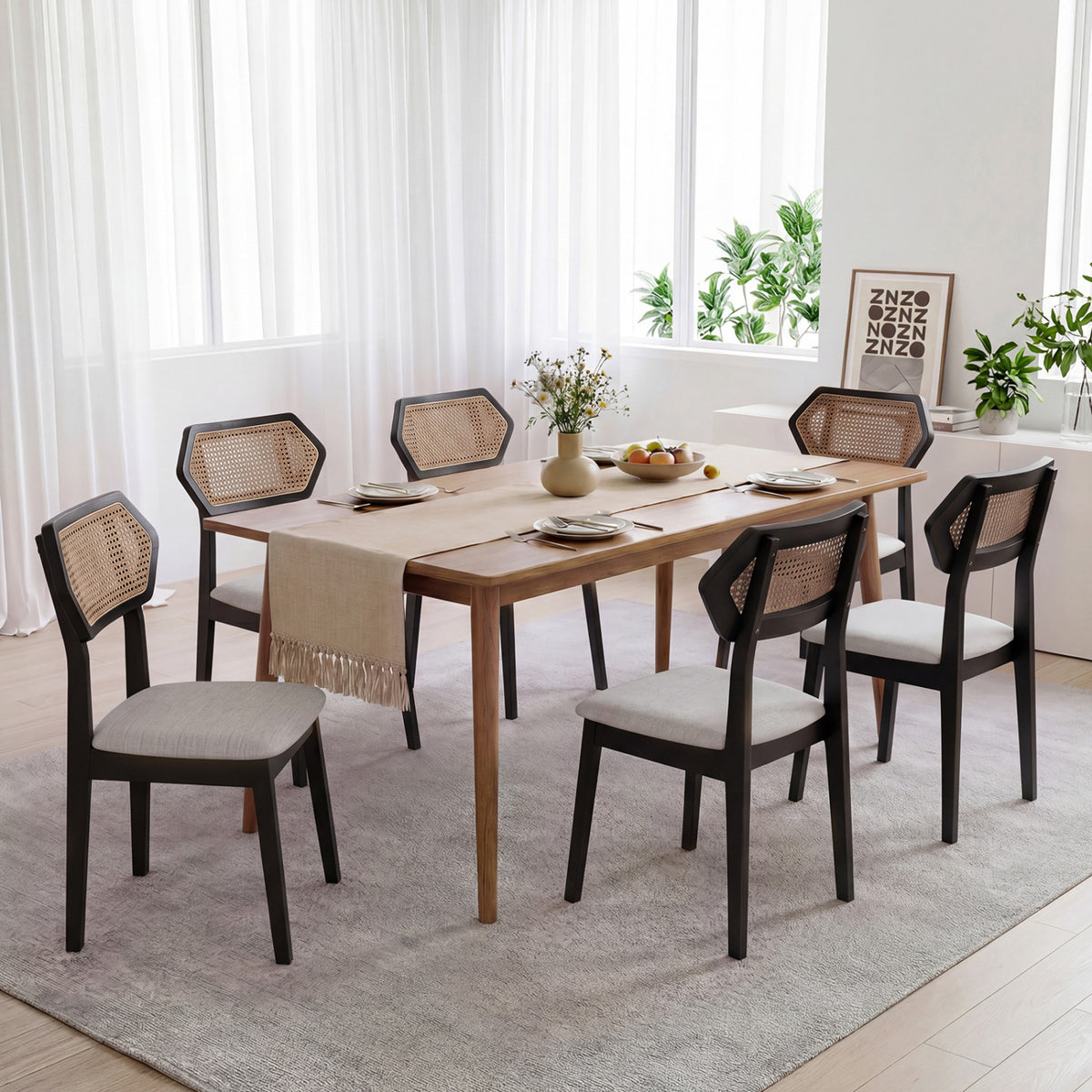 Mid Century Rattan Dining Chairs Set of 4 - Black