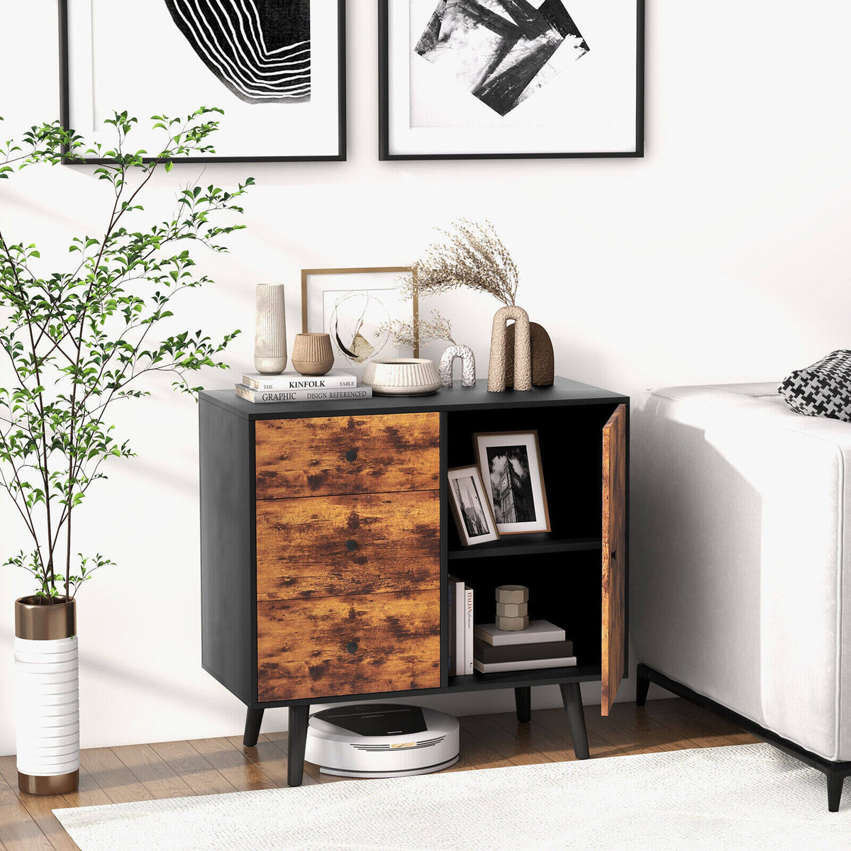 Mid-Century Wood Storage Cabinet with 3 Drawers & Door