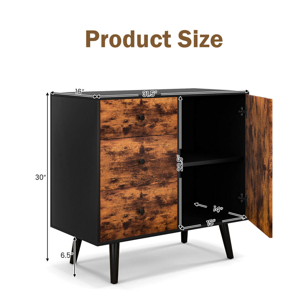 Mid-Century Wood Storage Cabinet with 3 Drawers & Door
