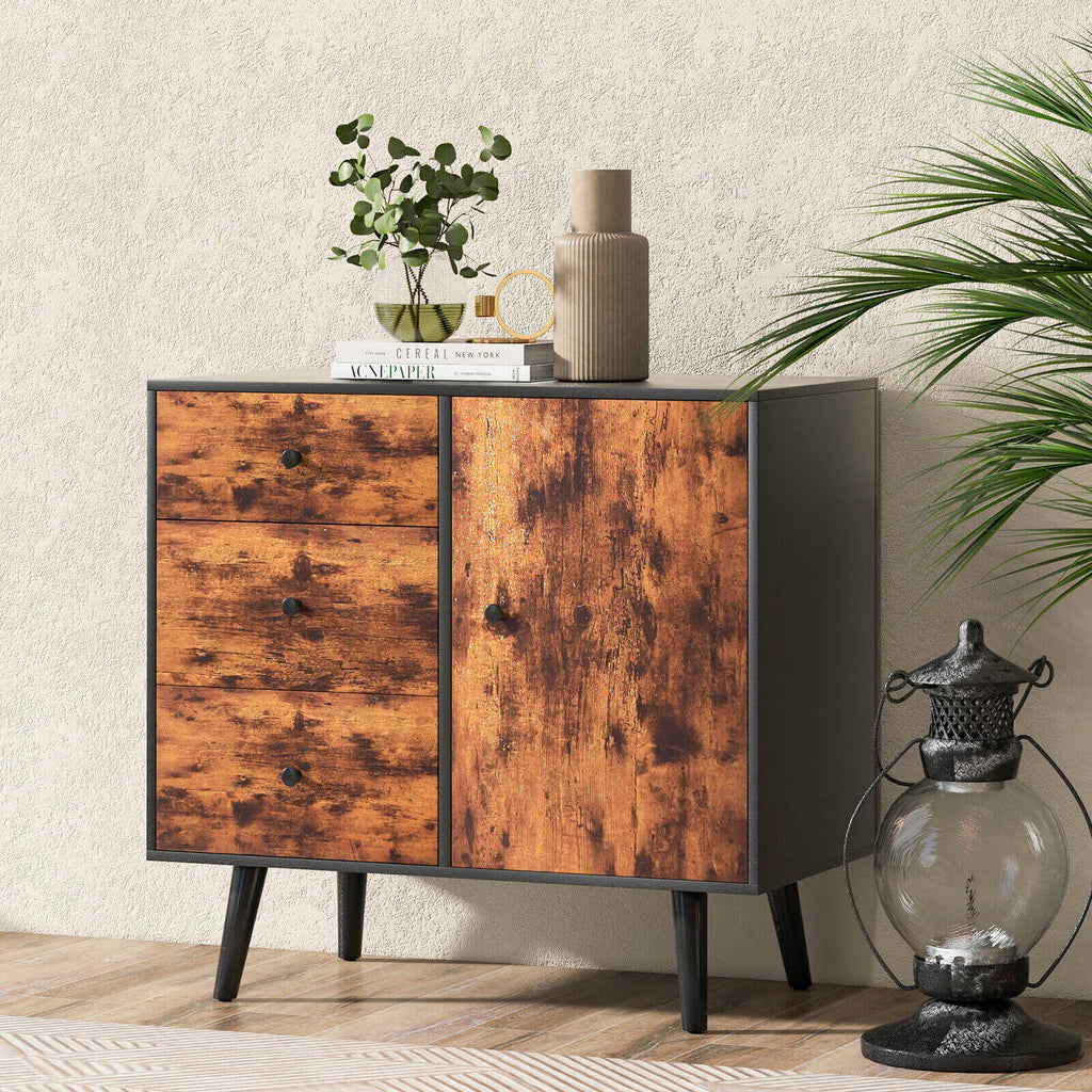 Mid-Century Wood Storage Cabinet with 3 Drawers & Door