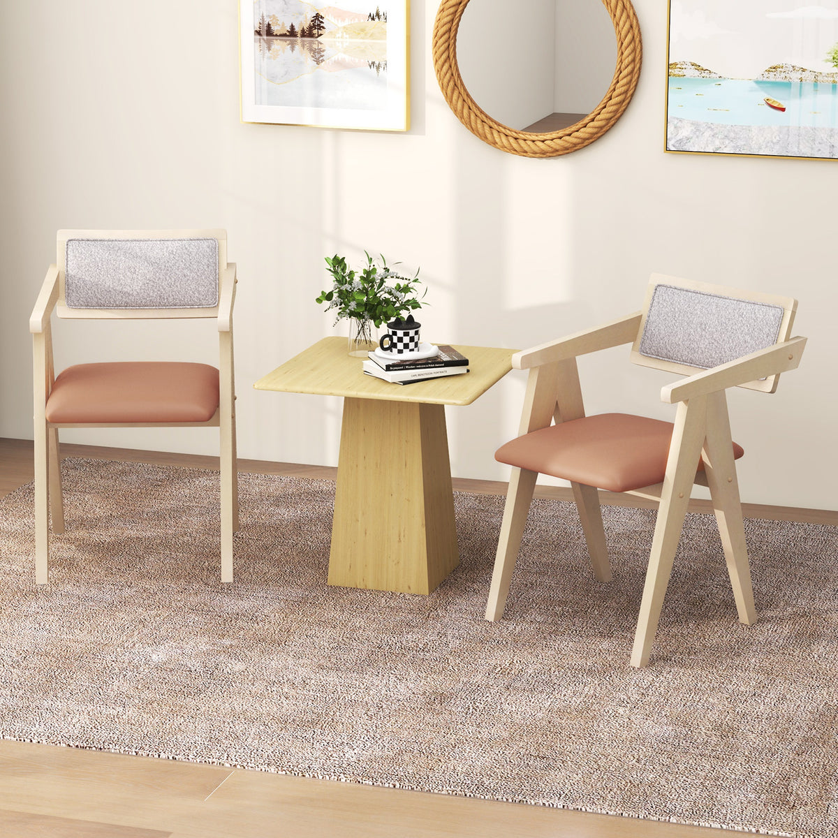 Mid Century Wooden Accent Chairs Set of 2 - Beige Sherpa