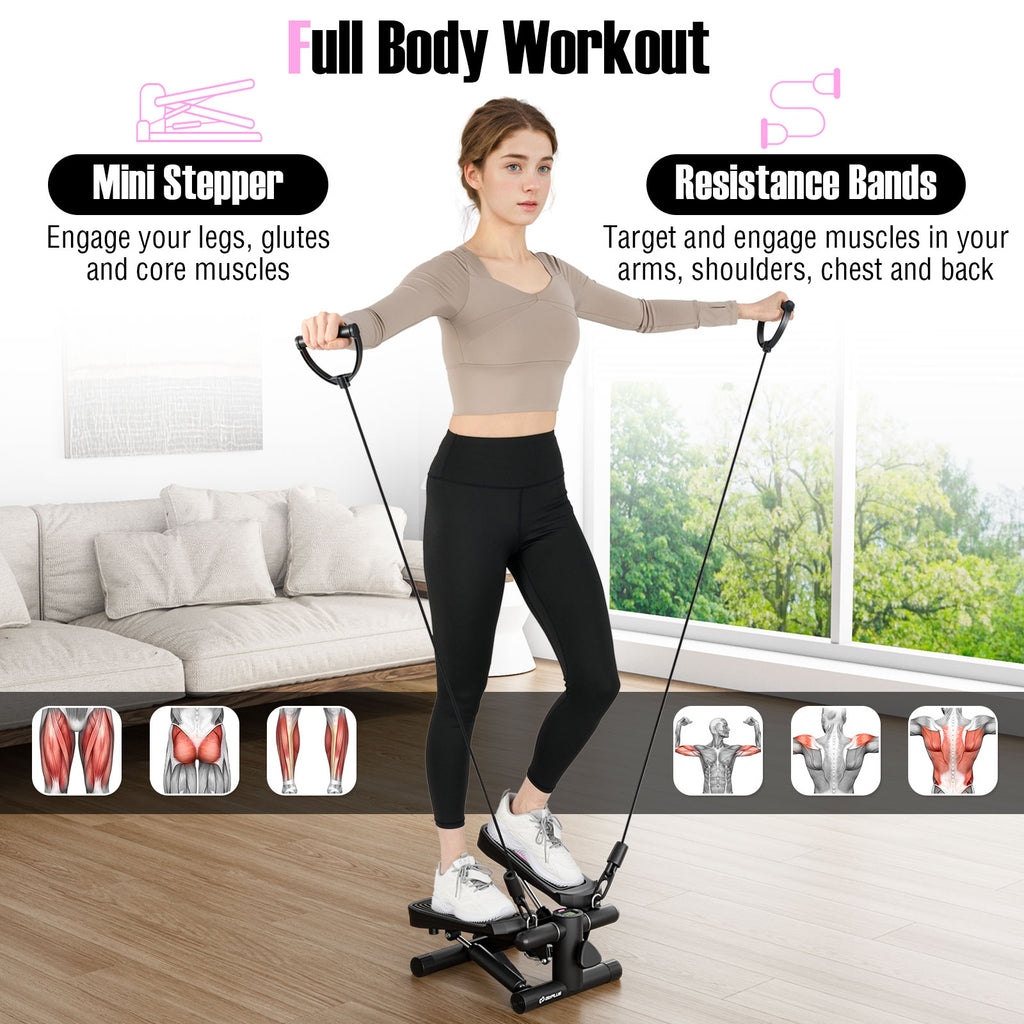 Mini Stepper with Resistance Bands, Adjustable Height - Black, Home Exercise Equipment