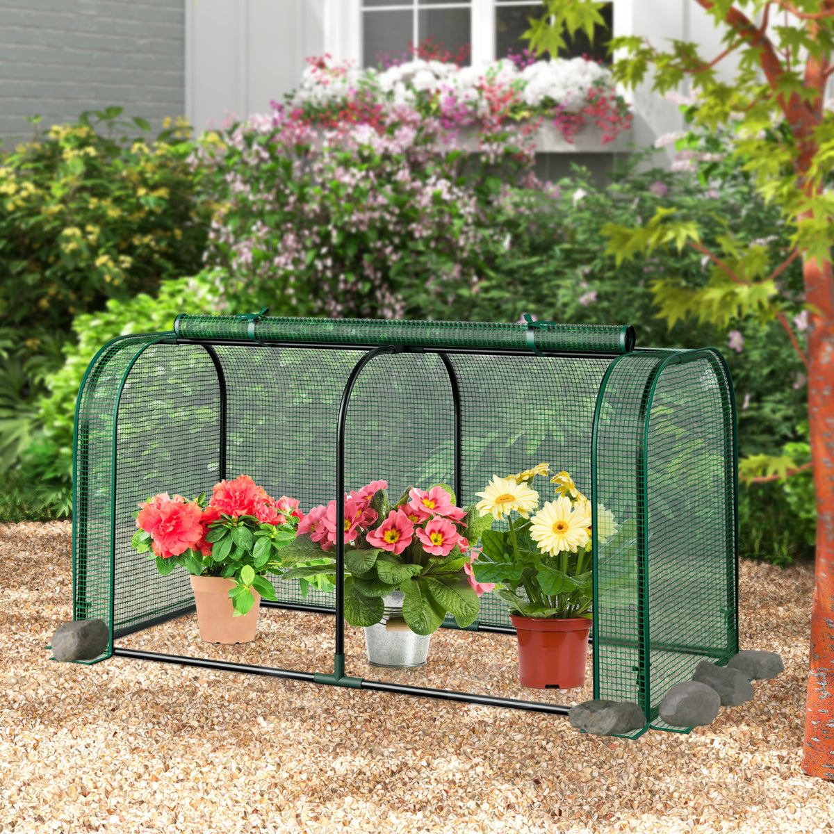 Mini Tunnel Greenhouse with Roll-Up Door – Green