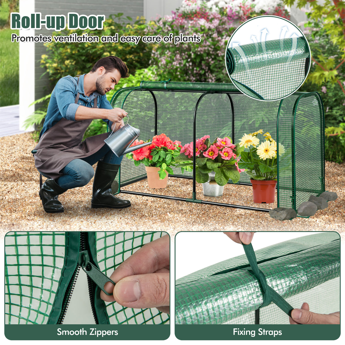 Mini Tunnel Greenhouse with Roll-Up Door – Green