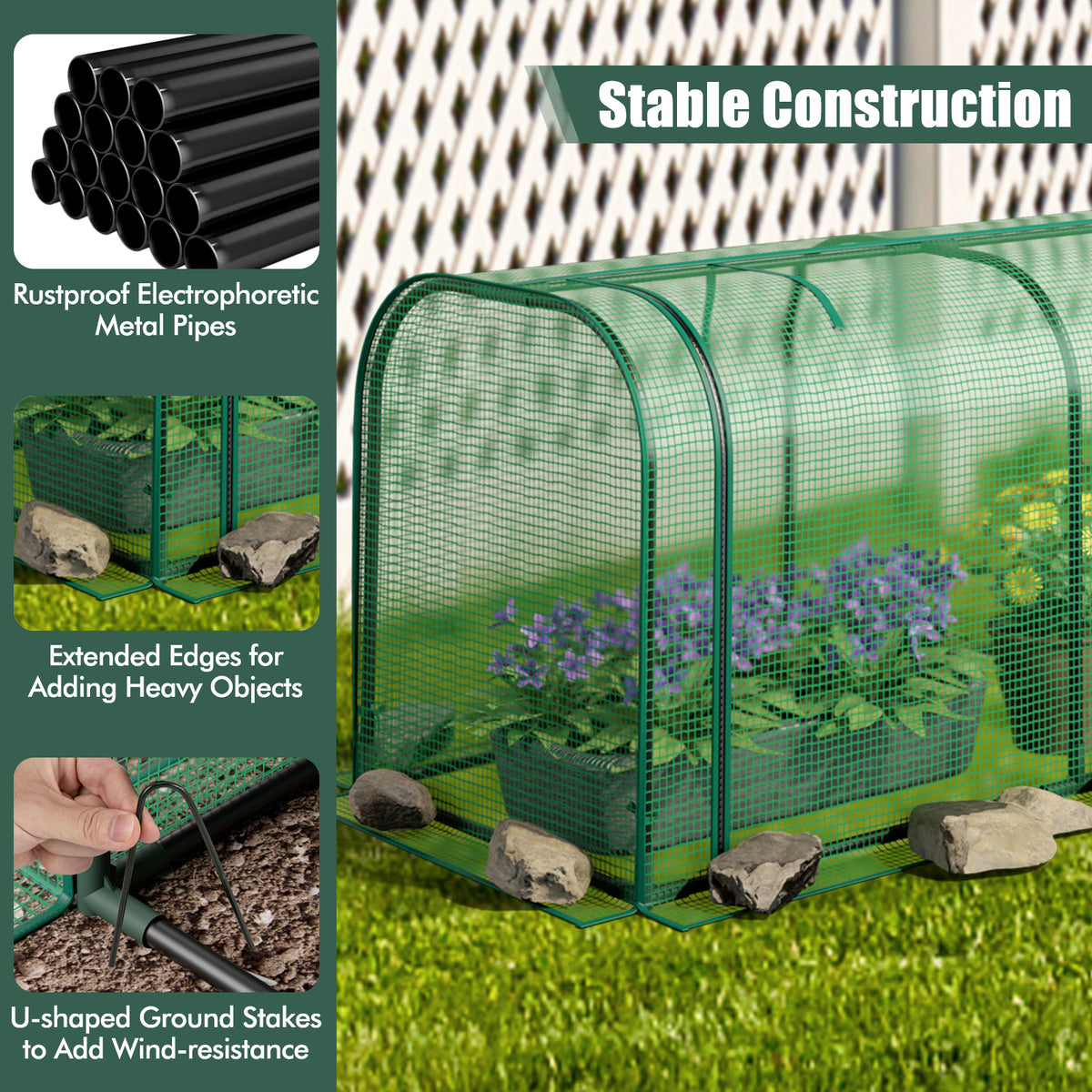 Mini Tunnel Greenhouse with Roll-Up Door – Green