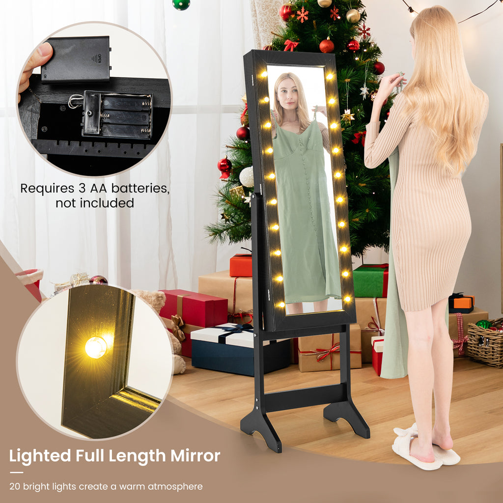 Mirror Jewelry Cabinet with 20 Warm Lights and 4 Tilt Angles - Black