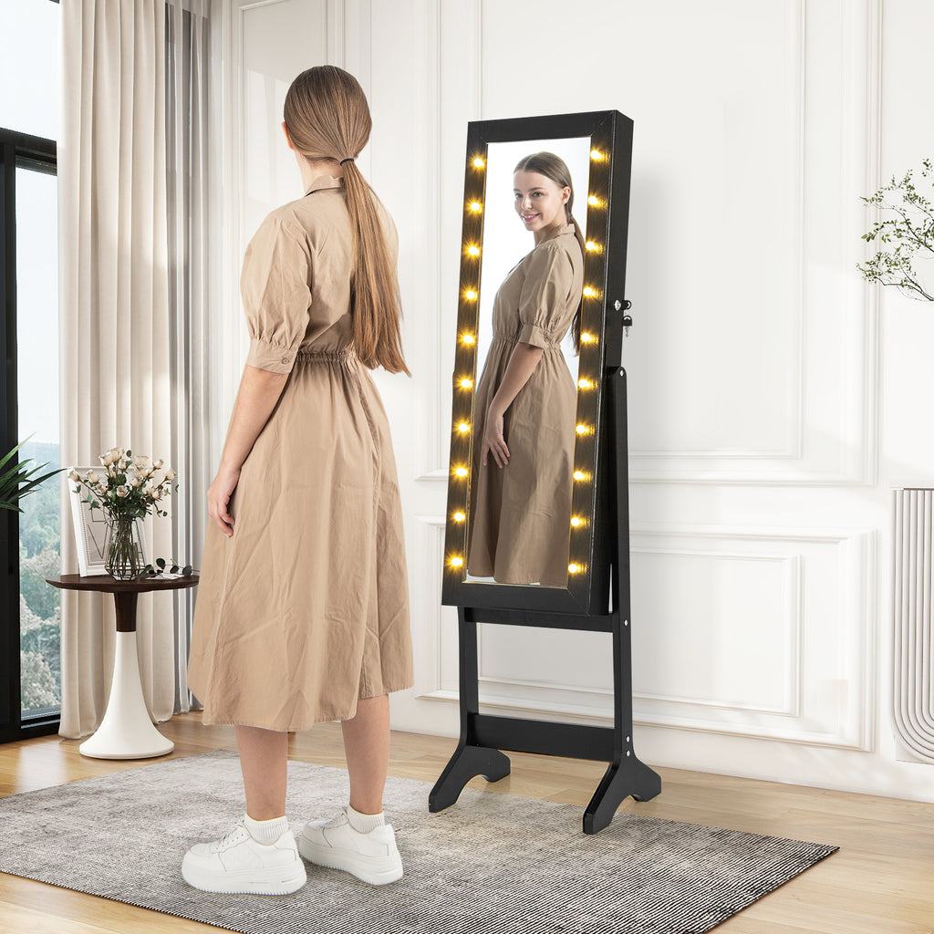 Mirror Jewelry Cabinet with 20 Warm Lights and 4 Tilt Angles - Black