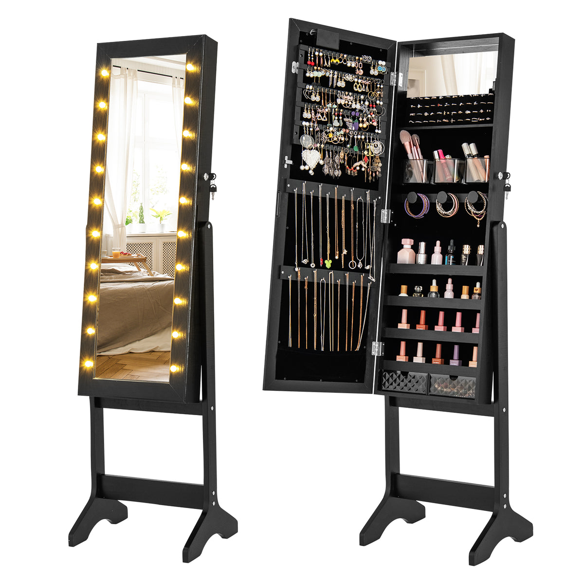 Freestanding Jewelry Armoire with Mirror - White