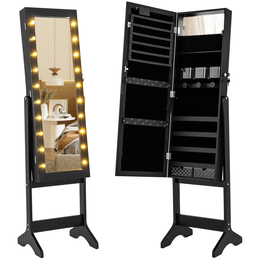 Mirror Jewelry Cabinet with 20 Warm Lights and 4 Tilt Angles - Black