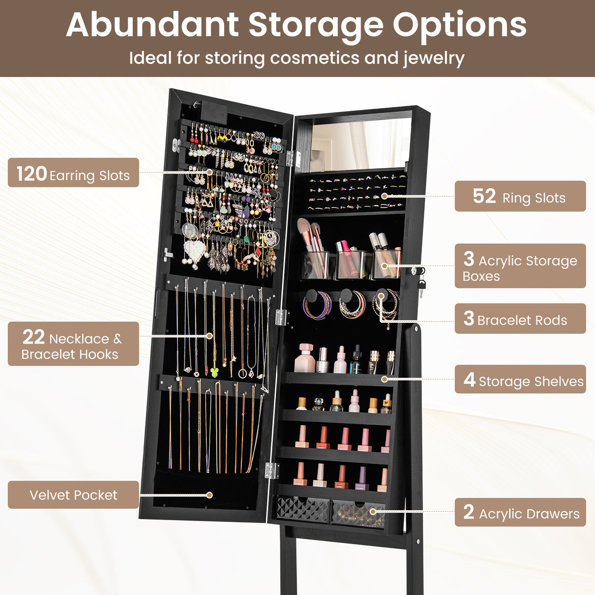 Mirror Jewelry Cabinet with 20 Warm Lights and 4 Tilt Angles - Black