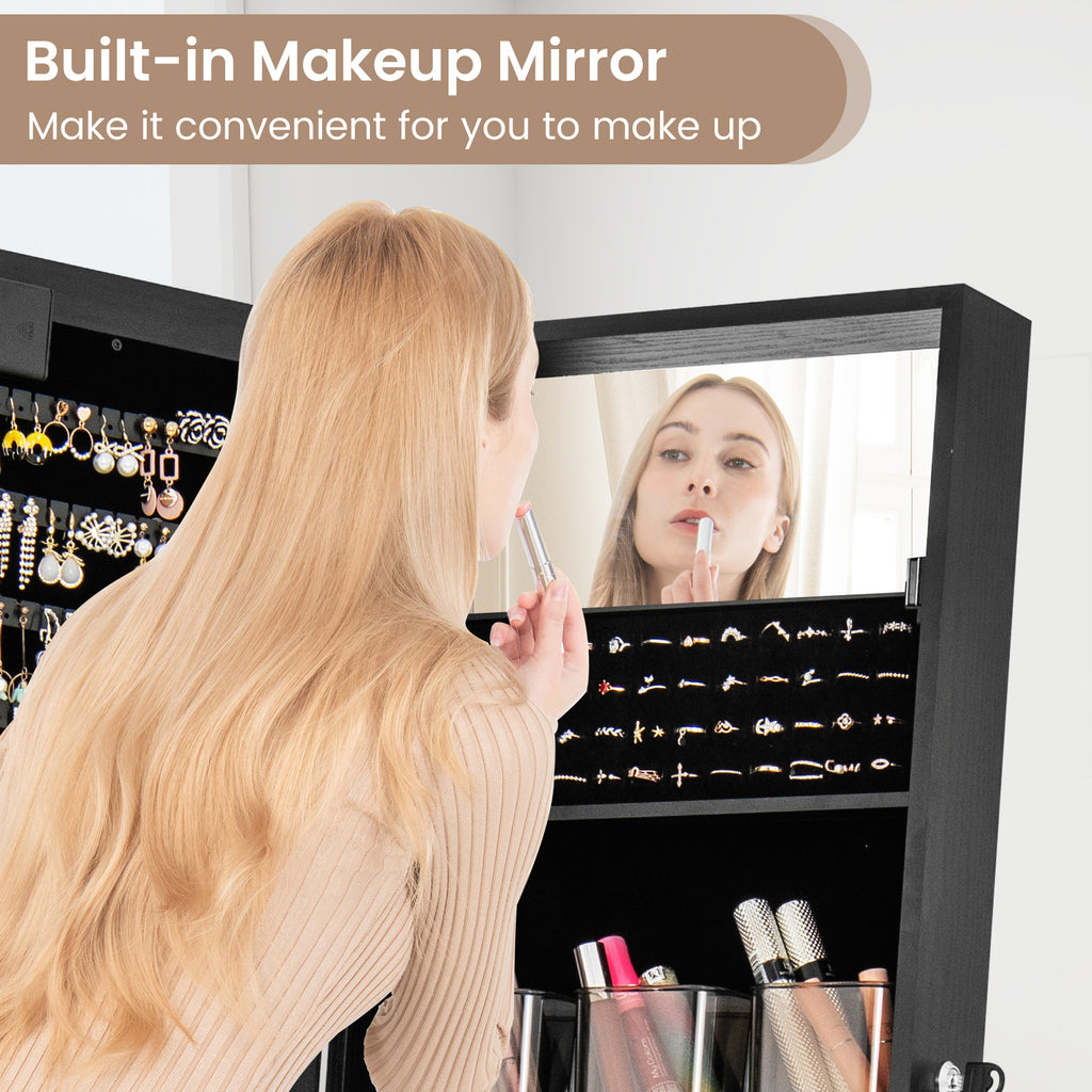 Mirror Jewelry Cabinet with 20 Warm Lights and 4 Tilt Angles - Black