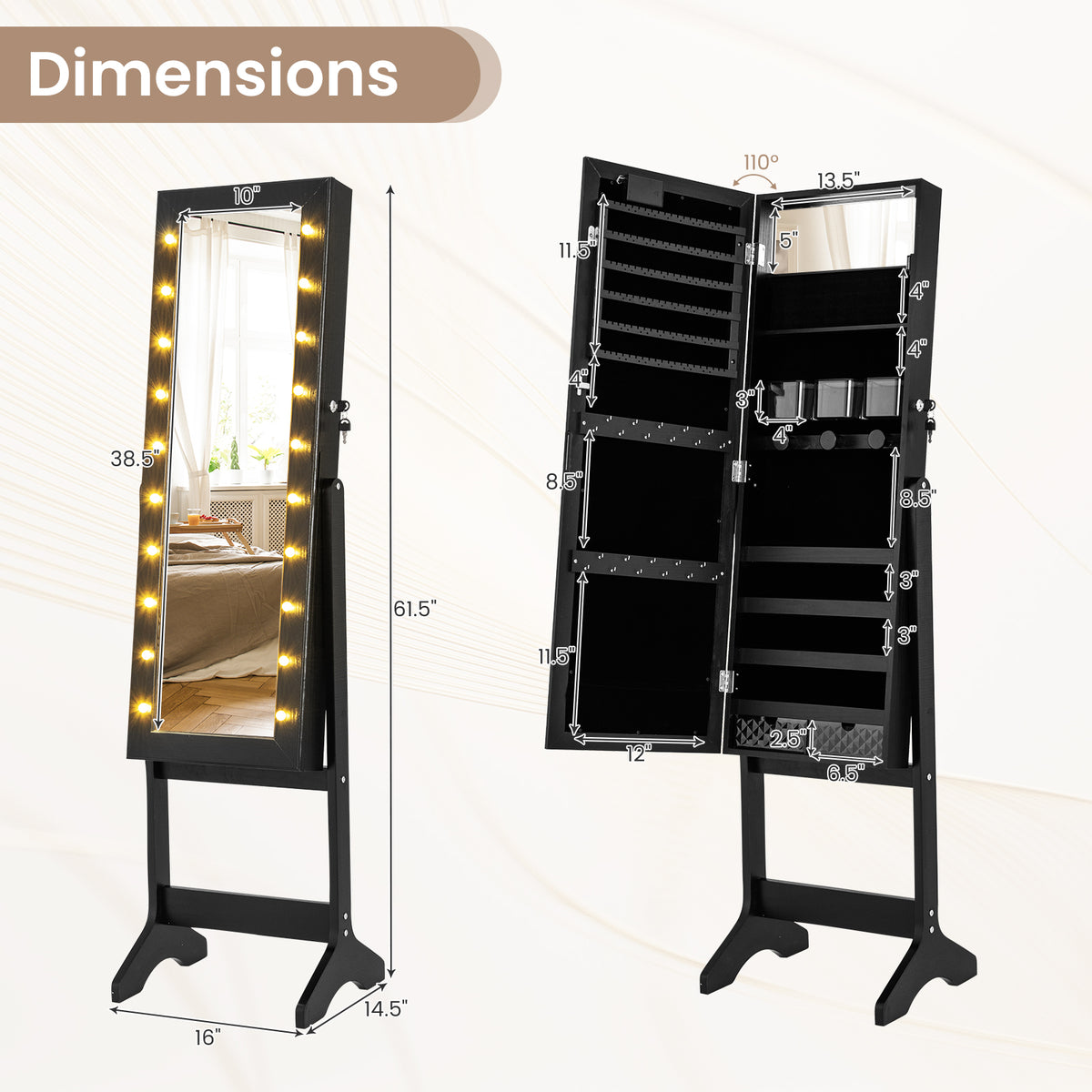 Mirror Jewelry Cabinet with 20 Warm Lights and 4 Tilt Angles - Black