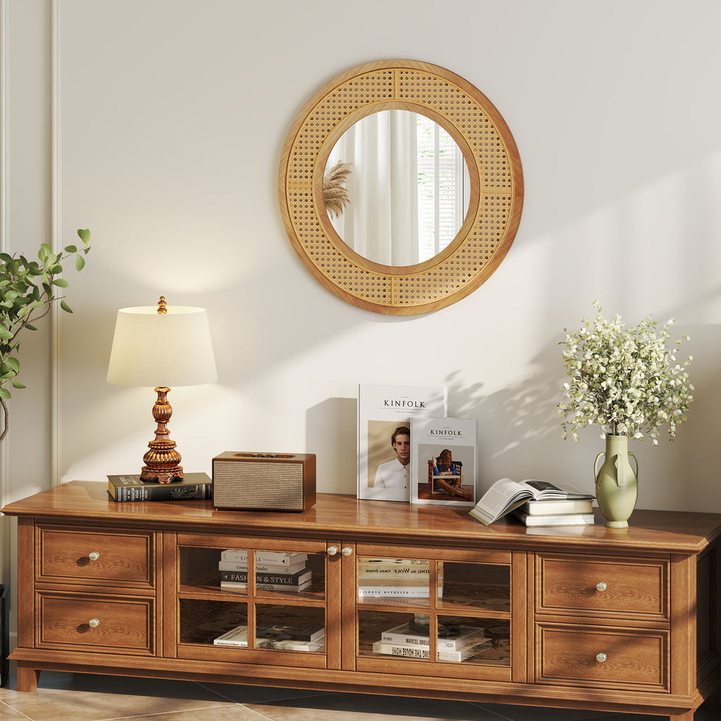 Natural 25.5 Inch Bohemian Round Wall Mirror with Wooden Frame - Rustic Decor