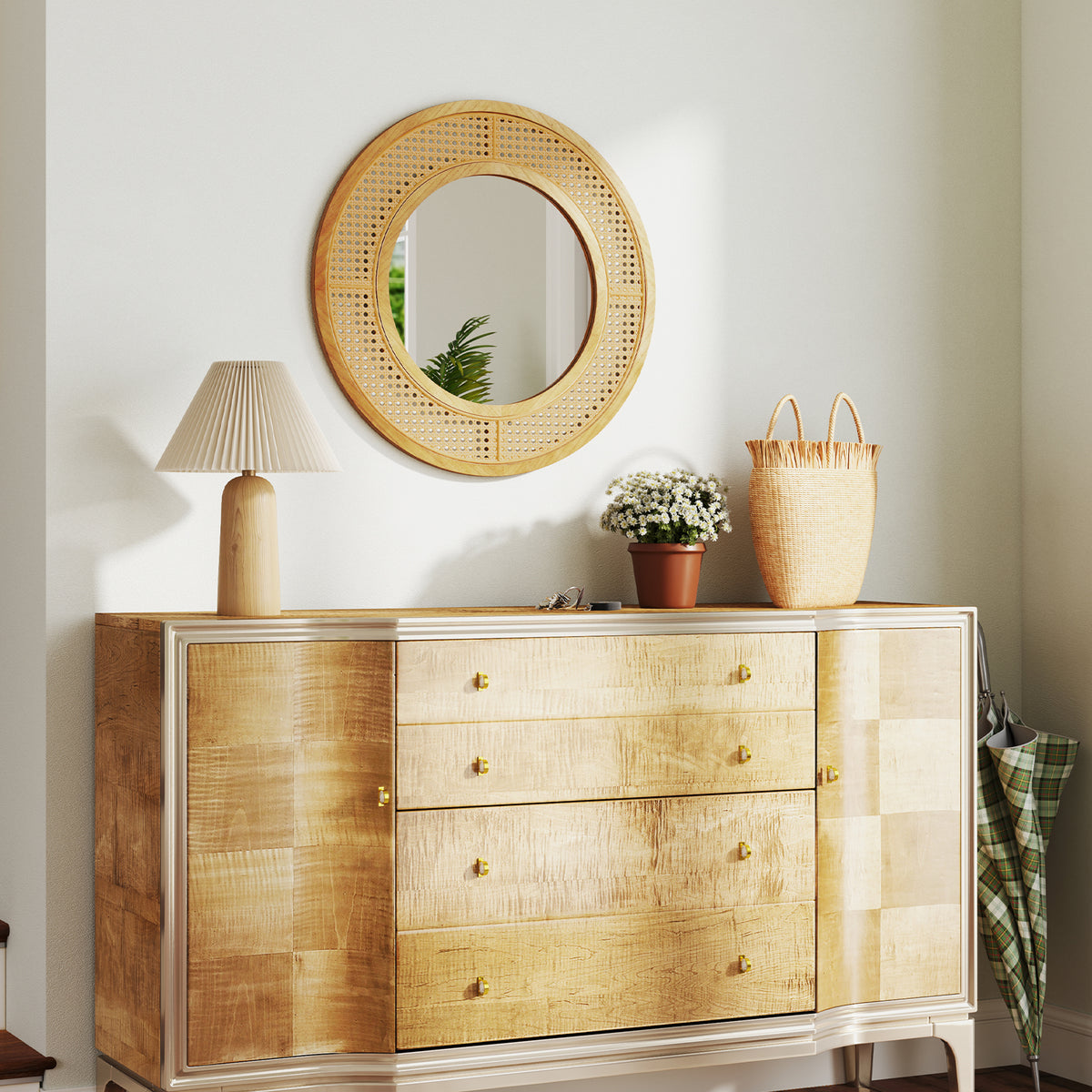 Natural 25.5 Inch Bohemian Round Wall Mirror with Wooden Frame - Rustic Decor