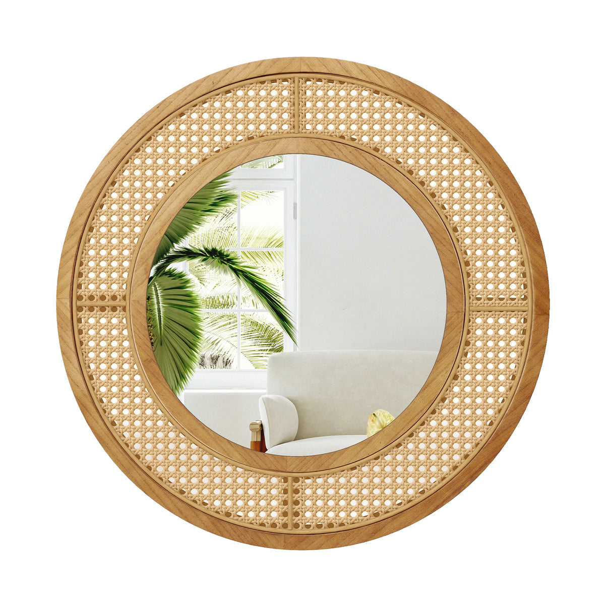 Natural 25.5 Inch Bohemian Round Wall Mirror with Wooden Frame - Rustic Decor