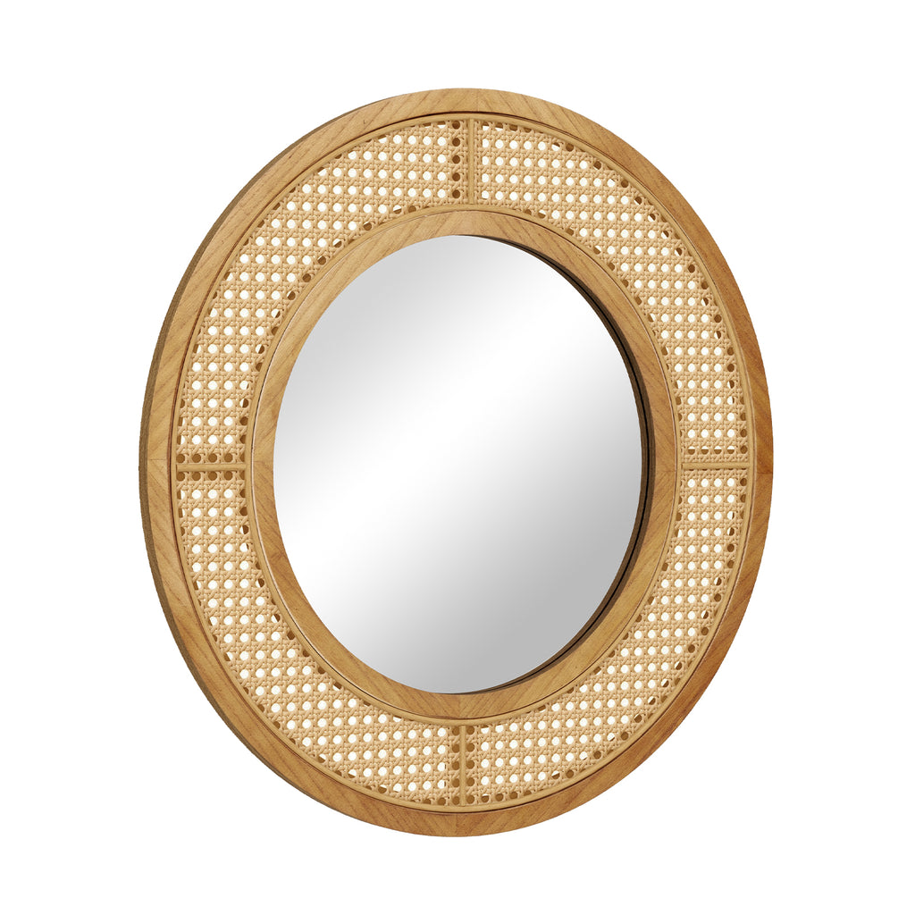 Natural 25.5 Inch Bohemian Round Wall Mirror with Wooden Frame - Rustic Decor