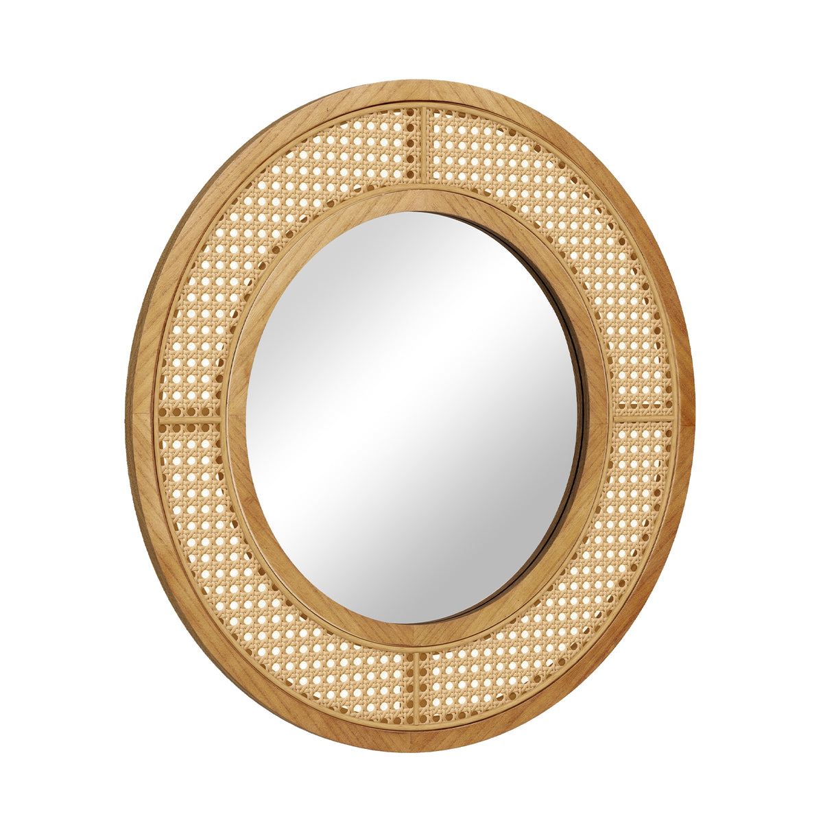 Natural 25.5 Inch Bohemian Round Wall Mirror with Wooden Frame - Rustic Decor