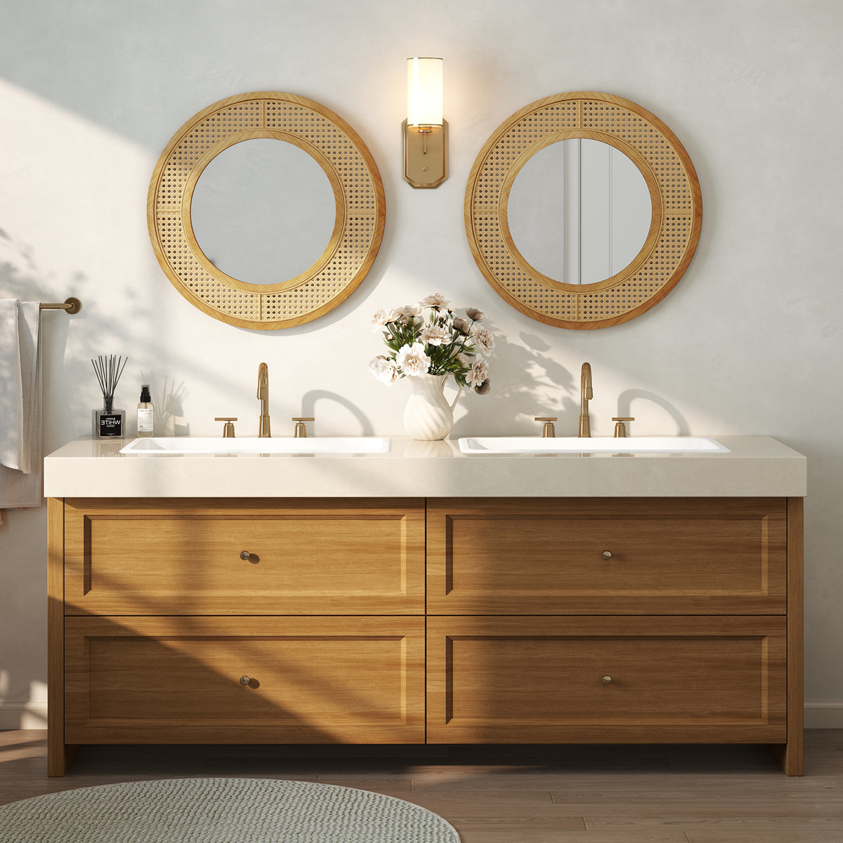 Natural 25.5 Inch Bohemian Round Wall Mirror with Wooden Frame - Rustic Decor